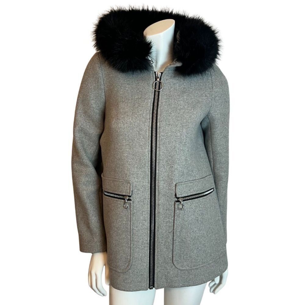 Maje Greli Fur Trimmed Coat Grey Wool Jacket Black Fur Size 38 EU M US